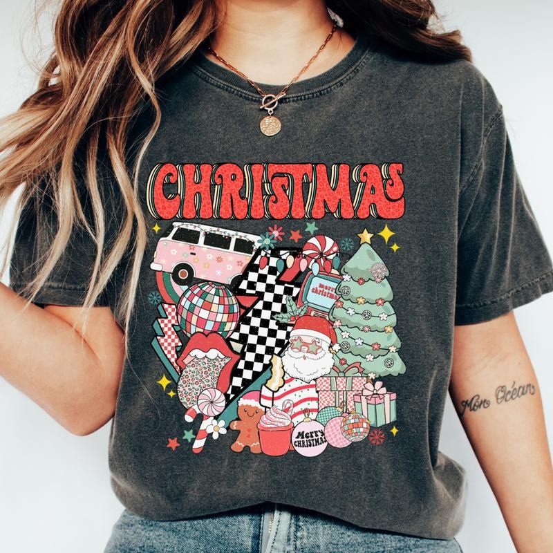 CHRISTMAS RETRO SYMBOLS T-SHIRT (COMFORT COLORS T-SHIRT, CASUAL SHIRT UNISEX, CHRISTMAS CLOTHING, GRAPHIC APPAREL, HOLIDAY SHIRT) Cotton Fabric