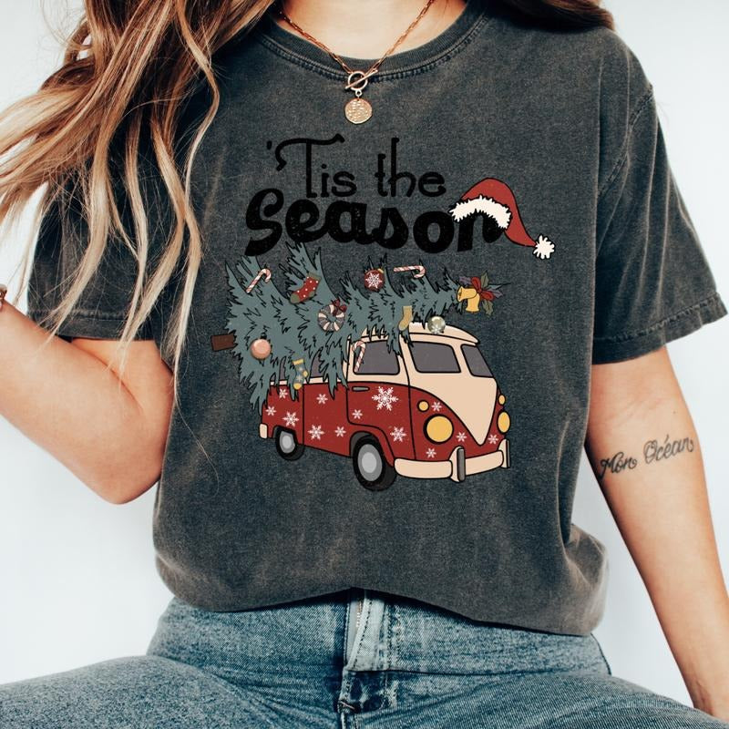 CHRISTMAS VAN T-SHIRT (COMFORT COLORS T-SHIRT, CASUAL SHIRT UNISEX, CHRISTMAS CLOTHING, GRAPHIC APPAREL, HOLIDAY SHIRT) Cotton Fabric