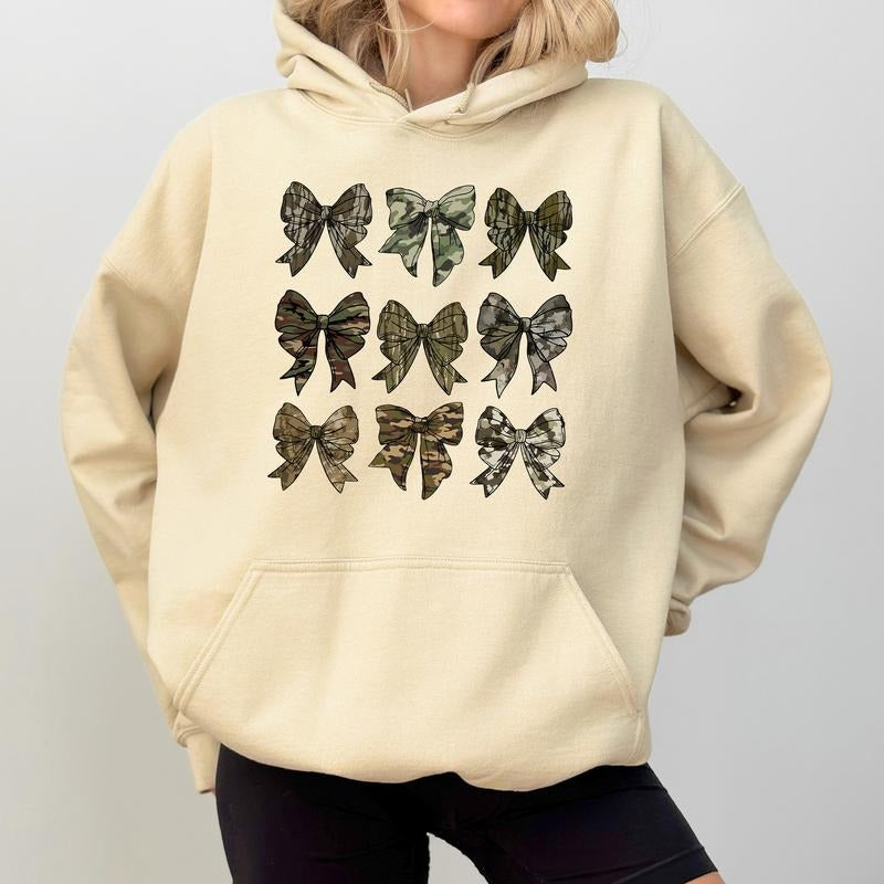 Camo Coquette Bows Hunting Hoodies for Women, Camouflage Bows Hoodie, Hunter's Wife Top, Buck Duck Hunt Pullover, Cotton Fabric Classic Womenswear