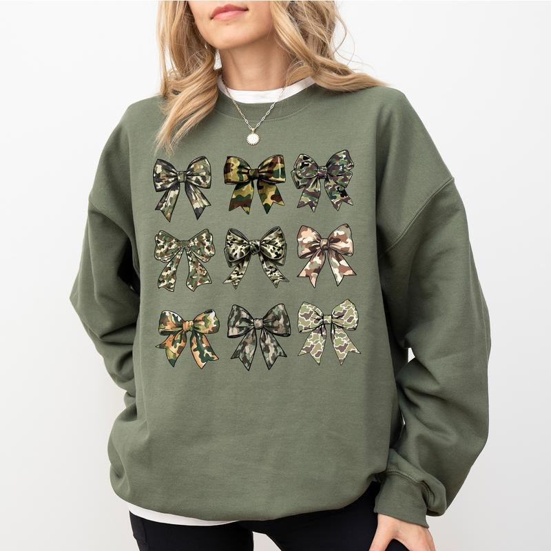 Camo Coquette Bows Hunting Sweatshirt for Women, Camouflage Bows Crewneck, Hunter's Wife Top, Duck Hunt Pullover, Cotton Fabric Classic Womenswear