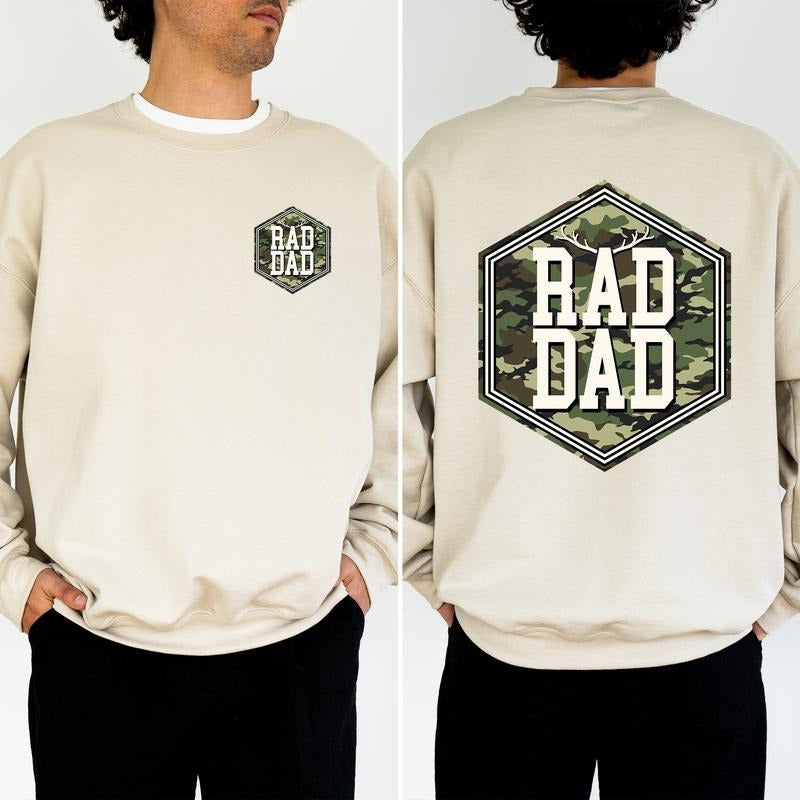 Camo Hunting Rad Dad 2-Sided Sweatshirt, Camouflage Daddy Crewneck, Cool Dad Club Sweater, Dad Life Hunter Tops, Dada Papa Pullover, Classic Menswear