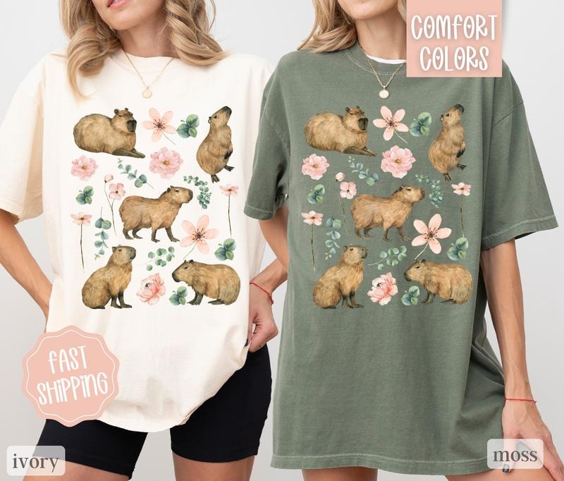 Capybara Floral Shirt Comfort Colors, Cute Capybara Shirt, Women's Oversized Shirt, Vintage Shirt