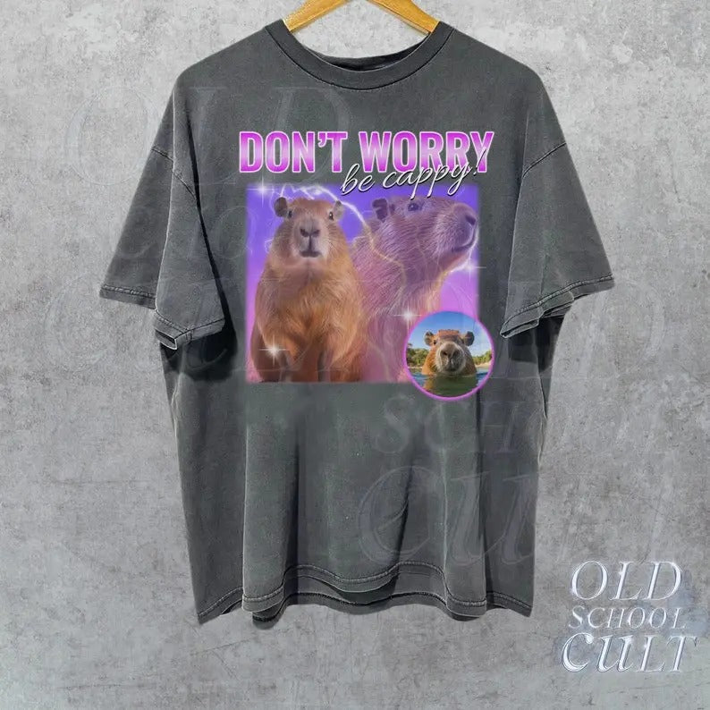 Capybara Vintage 90s Bootleg Style Graphic T-Shirt, Retro Be Cappy Shirt, Trendy Shirts, Adult Unisex Relaxed Graphic Shirt, Distressed Tee