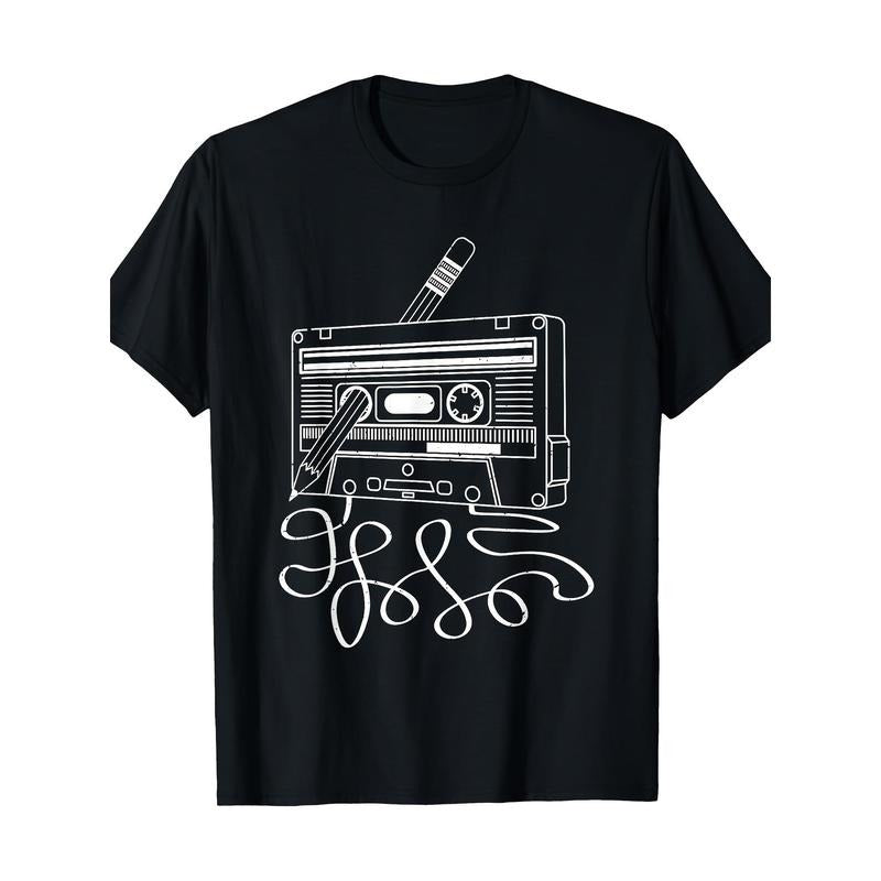 Cassette retro pencils 70's 80's 90's classic music 100% cotton T-shirt Made in USA