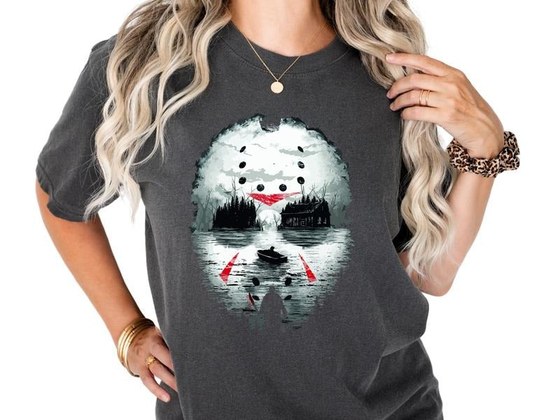 Casual Camp Horror Graphic T-Shirt for Women - Unisex Sizing, Short Sleeve, Halloween Character Design, Comfortable Cotton Tee