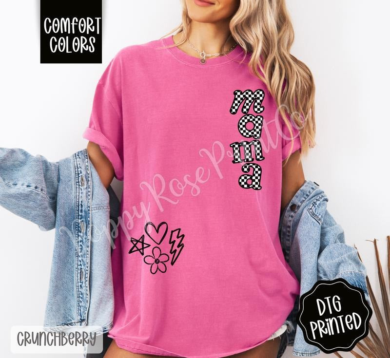 Checkered Mama Doodle Shirt Comfort Colors, Trendy Graphic Women's Tee, Gift for Her