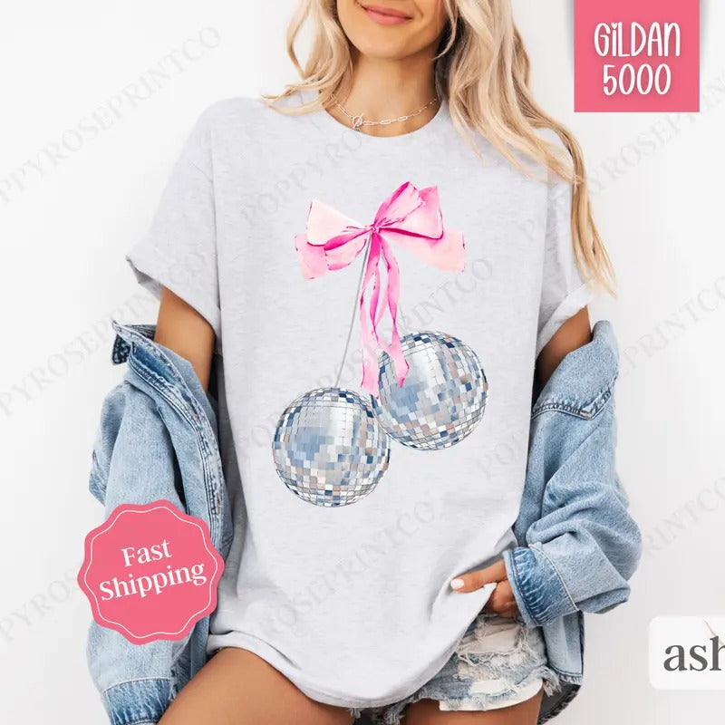 Cherry Disco Bow Shirt Gildan, New Year's 2025 Women's Tee,  NYE Women's Tshirt Plus Sizes
