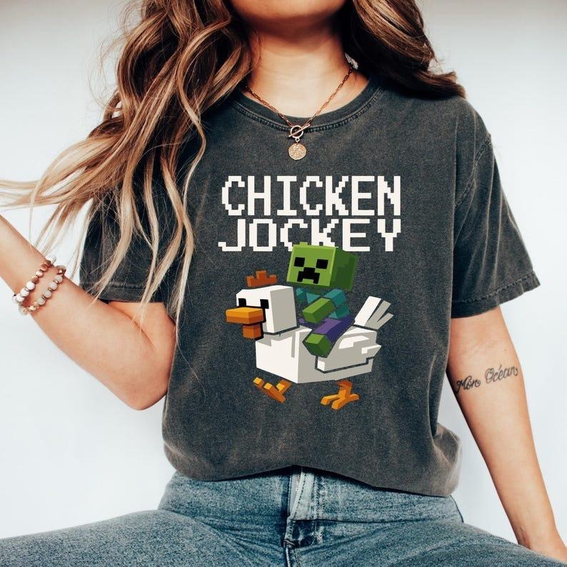 Chicken Jockey Shirt, Hilarious Cotton Gamer Gift, Cartoon Graphic Shirt V3, Quirky Tee for Chicken Lovers Shirt, Minecraft Movie Shirt