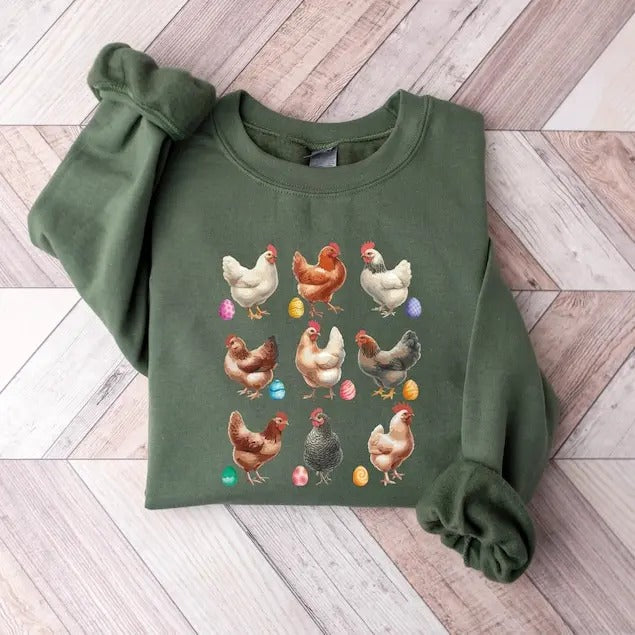 Chicken With Eggs Easter Sweatshirt, Easter Chicken Sweatshirt, Womens Easter Gift, Trendy Chicken Sweatshirt, Funny Farmer Gift