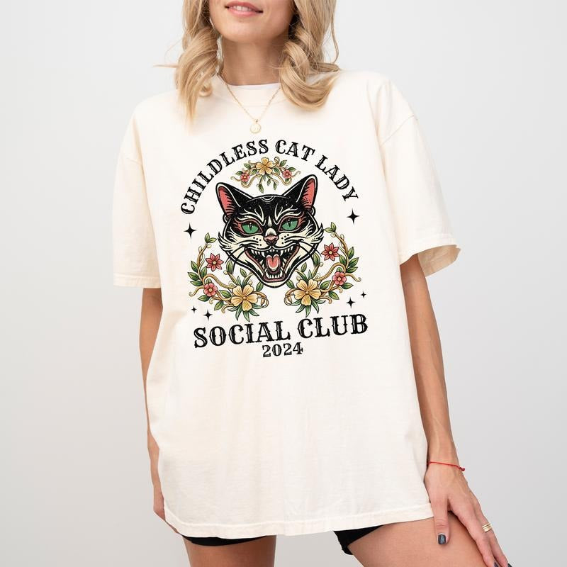 Childless Cat Lady Social Club Shirt, Women Power Graphic Printed Tee, Feminism Shirt for Women, Crazy Cat Ladies Shirt, Childfree by Choice Shirt, Comfy Fabric Graphic Tee, Women's Tops, Cotton Fabric Relaxed Fit Style