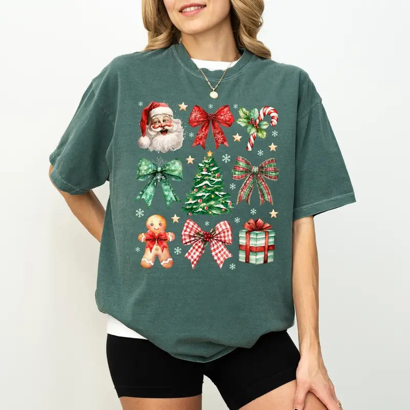 Christmas Coquette Bow Shirt Comfort Colors, Girly Christmas Tee for Women, Santa Claus Christmas Tree Gift T-shirt, Vintage Holiday Tee, 2024 Christmas Gift, Comfy Fabric Graphic Tee, Women's Top, Casual Womenswear, Cotton Fabric Relaxed Fit Chic Style