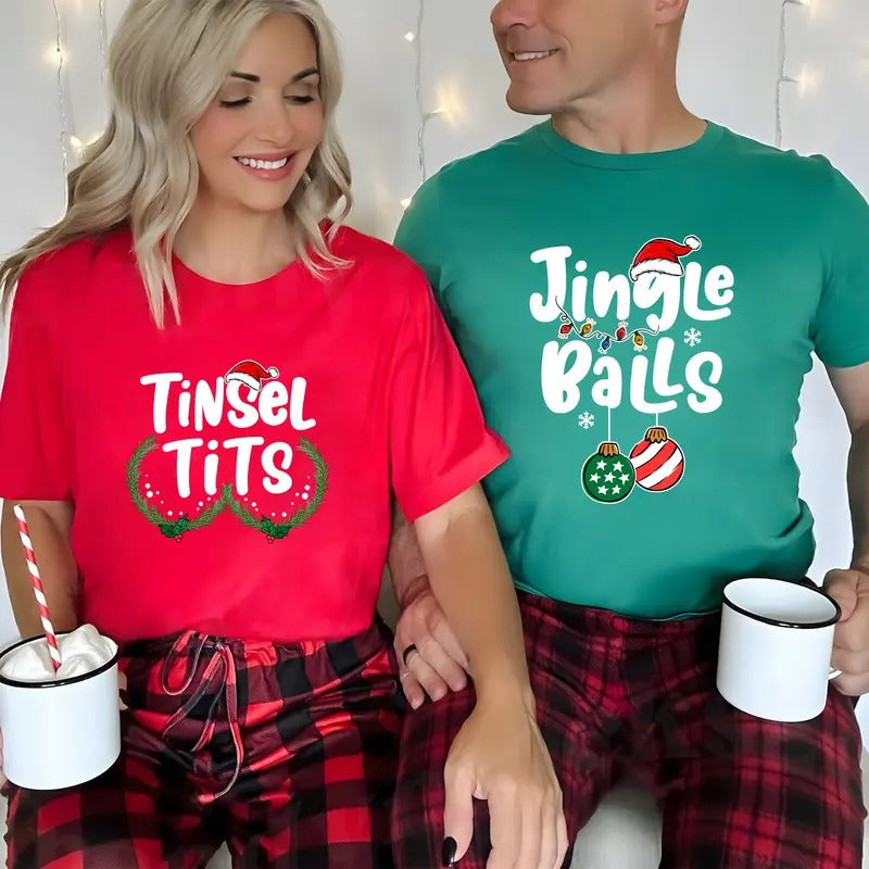 Christmas Couple Matching Tees, Jingle Balls T-shirt, Tinsel Tits Shirt, Funny Couple Party Outfits, Adult Humor Tops, Xmas Couple Chest Nuts Tshirts