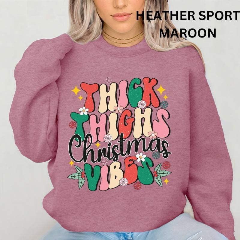 Christmas Crewneck, Thick Thighs And Christmas Vibes Sweatshirt, Tis the Season Christmas Truck Sweatshirt, Winter Season Graphic, Casual Cotton Crewneck, Polyester, Oversized