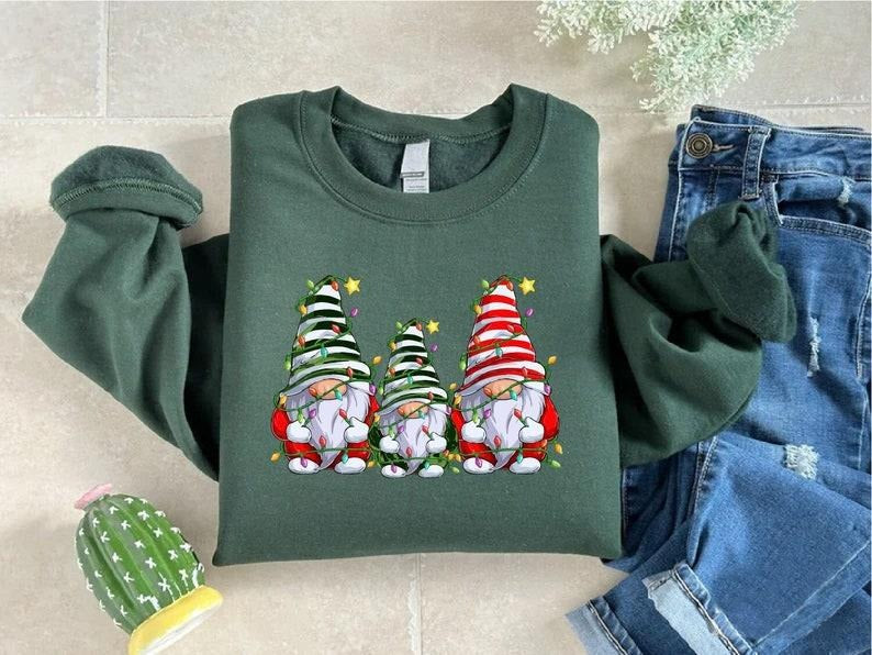 Christmas Gnomes Sweatshirt, Cute Gnome Shirt, Women Holiday Gift, Christmas Gnomes Tee, Christmas Lights Crewneck, Funny Christmas,Holiday Hoodie and Sweater; T-shirt Cotton Polyester Womenswear Solid