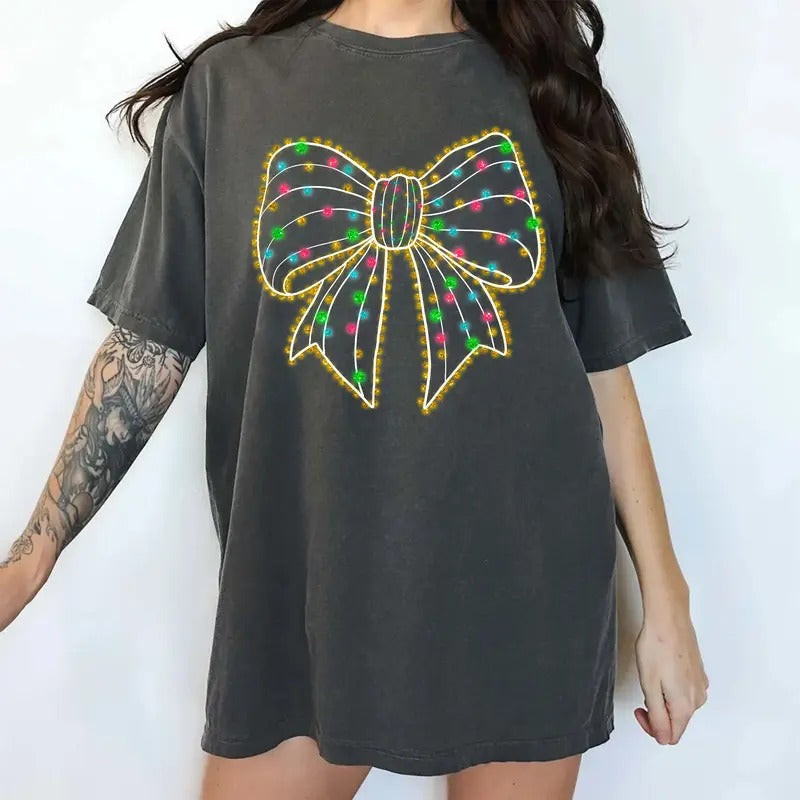 Christmas Lights Comfort Colors Shirt, Christmas Lights Coquette Bow Unhinged Tees, Merry And Bright Oversized Graphic Tee, Christmas Bow T-shirt
