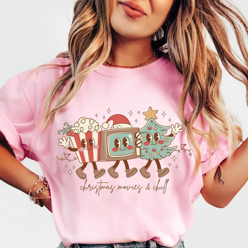 Christmas Movies and Chill Shirt, Frosty the Snowman Shirt, Christmas Shirt, Comfort Colors Christmas Shirt, COMFORT COLORS T-SHIRT, CASUAL SHIRT UNISEX, CHRISTMAS CLOTHING, GRAPHIC APPAREL, Cotton Fabric Womenswear Top Printed Oversized Women