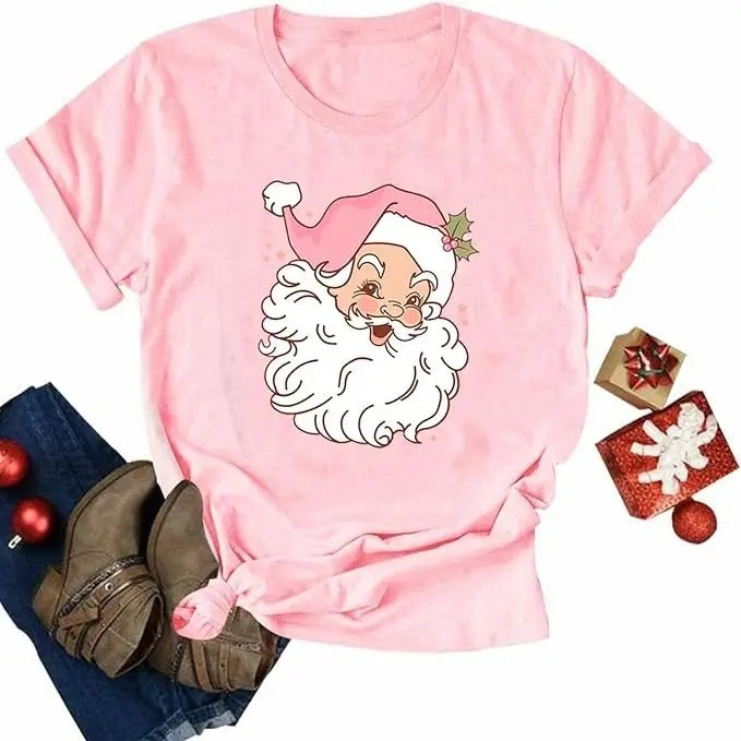 Christmas Shirts for Women Pink Santa T Shirt Retro Christmas Claus Graphic Tees Xmas Tops
