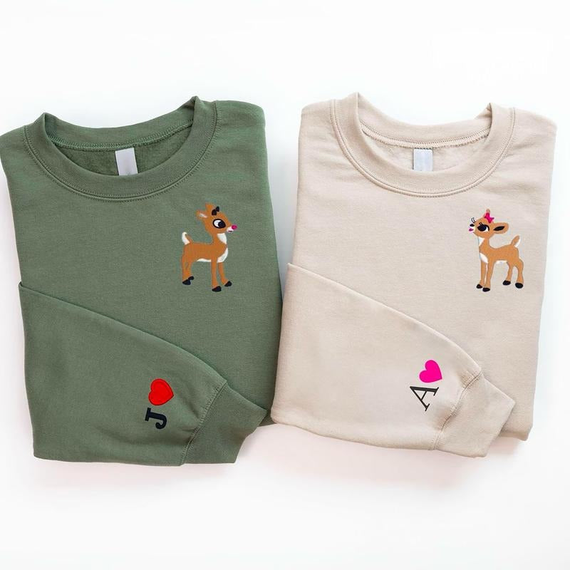 Classic Rudolph Embroidered Sweatshirt, Christmas Embroidered Hoodie, Christmas Movie Sweatshirt, Couple Christmas Gift, Custom Initials Embroidered Hoodie