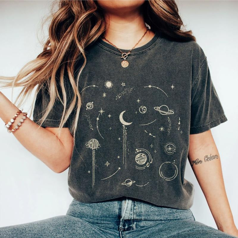 Comfort Celestial Shirt, Vintage Astrology Shirt, Spiritual Shirt for Women, Aesthetic TShirt Gift for Her, Moon Tee, Mystical T-Shirt, Boho Moon Phase Shirt, Astronomy Tee, Retro Tee, Spiritual Astrology TShirt, Women Clothing, Sun and Moon Women Top