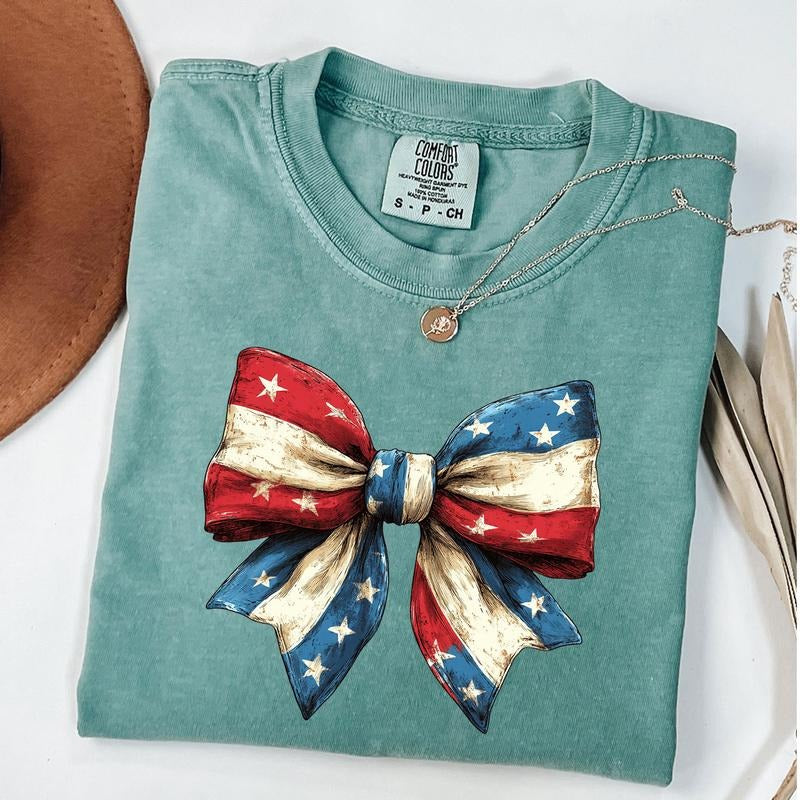 Comfort Colors 4th Of July Coquette Shirt, Memorial Day Tee, Vintage America Bow T-Shirt, Land of the Free Shirt