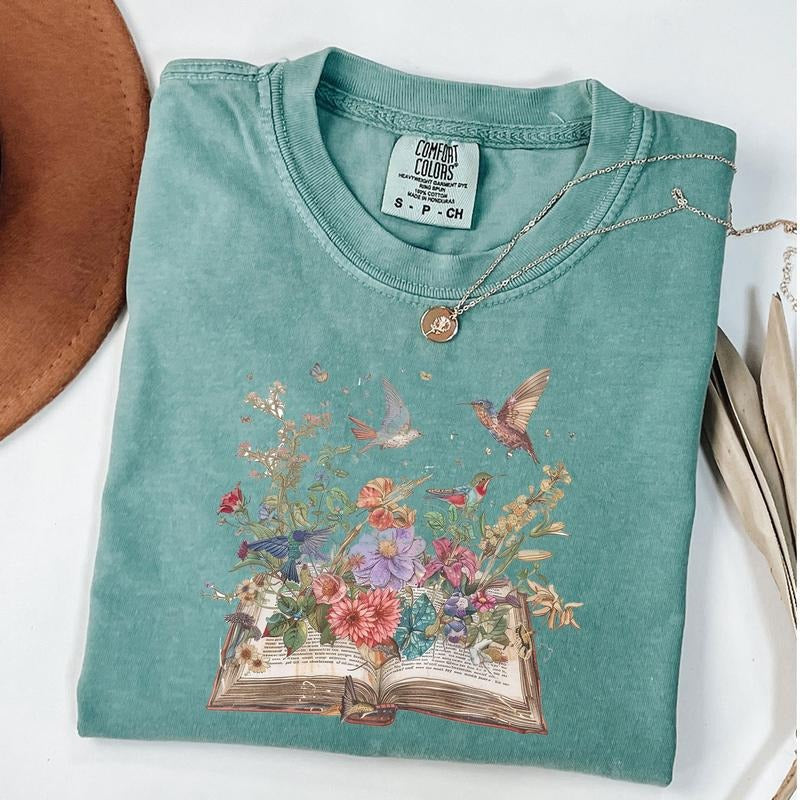 Comfort Colors Bird and Flower Shirt, Vintage Floral Tee, Botanical T-Shirt, Aesthetic Graphic Shirt, Gift for Bookworm