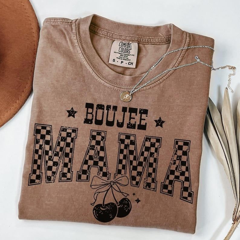 Comfort Colors Boujee Mama T-Shirt, Trendy Mom Shirt, Fashionable Graphic Tee, Checkered Letter Design, Gift for Mom, Cute Casual Outfit, For Woman