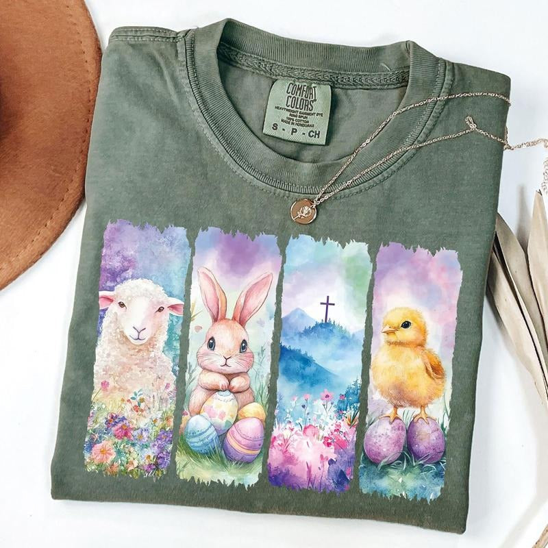 Comfort Colors Brushstroke Easter Shirt, Pastel Spring Christian Shirt, Cute Bunny Lamb Chick Tee, Faith Easter Graphic Shirt, He Is Risen Tee