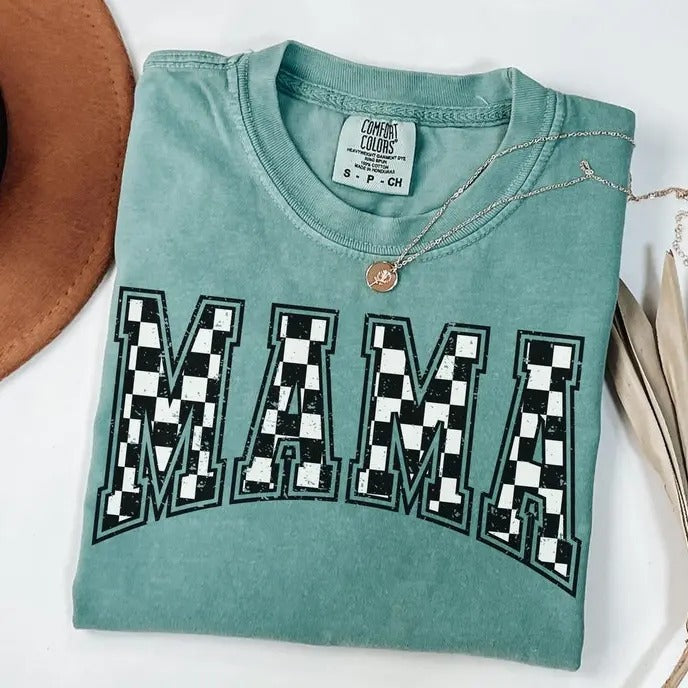 Comfort Colors Checkered Mama T-Shirt Gift for Mom, Retro Mom Tee, Mother's Day Gift, Vintage Checkered Mama Tshirt, Varsity Mom