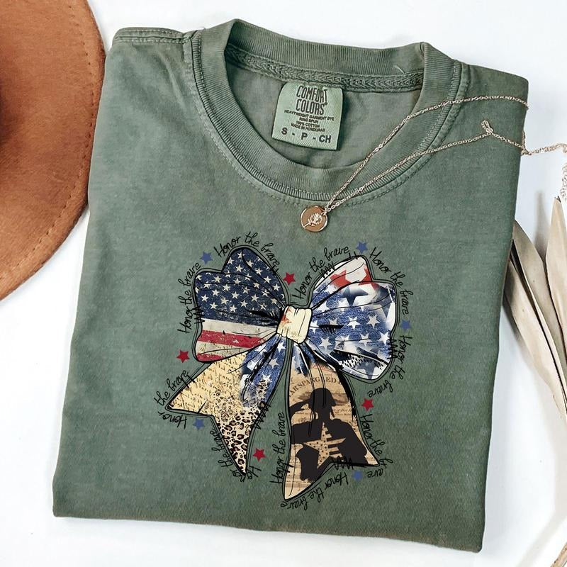 Comfort Colors Coquette American Shirt, Honor The Brave Shirt, Memorial Coquette Bow T-Shirt, 4th of July T-Shirt, American Flag Shirt