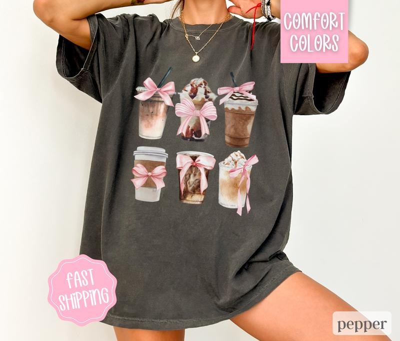 Comfort Colors Coquette Coffee Shirt Aesthetic Iced Coffee Oversized Tshirt Vintage Tee Short Sleeve 100% US Cotton DTG Printed