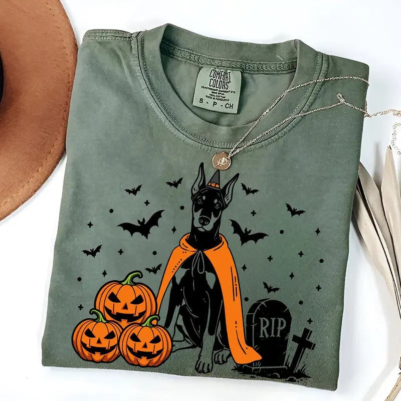 Comfort Colors Doberman Halloween Shirt | Spooky Dobie Witch T-Shirt | Pumpkin Doberman Dog Tee | Funny Halloween Dog Lover Gift | Fall Doberman Shirt