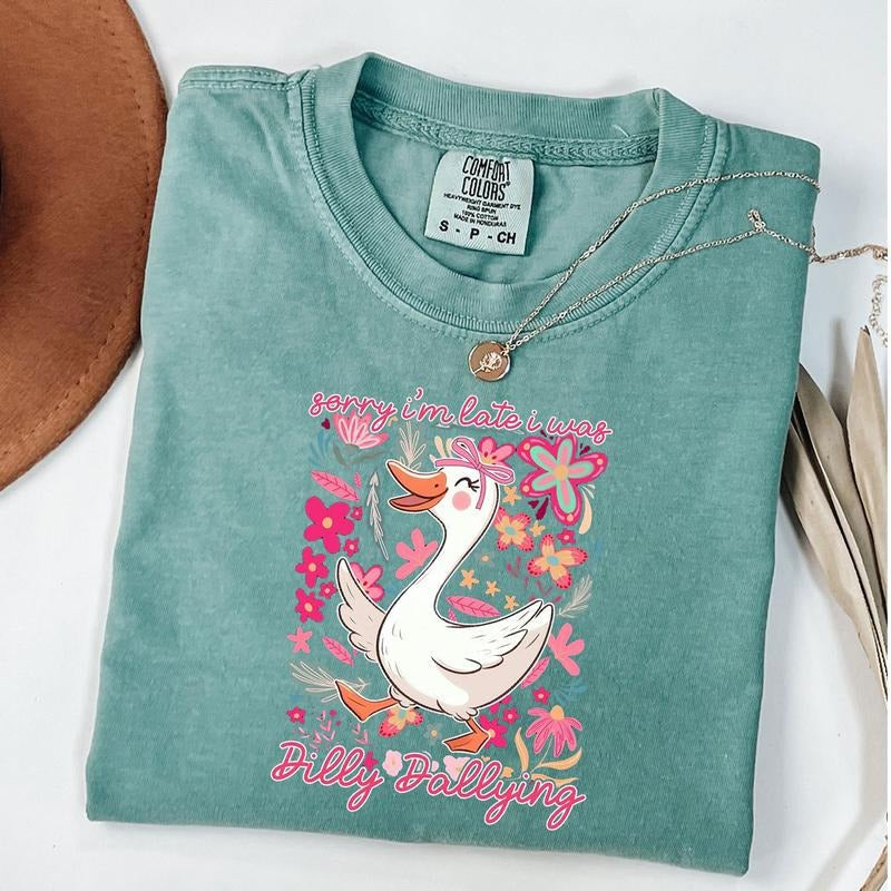 Comfort Colors Funny Mama Goose Shirt, Sorry I'm Late I Was Dilly Dallying Goose T-Shirt, Boho Floral Tee