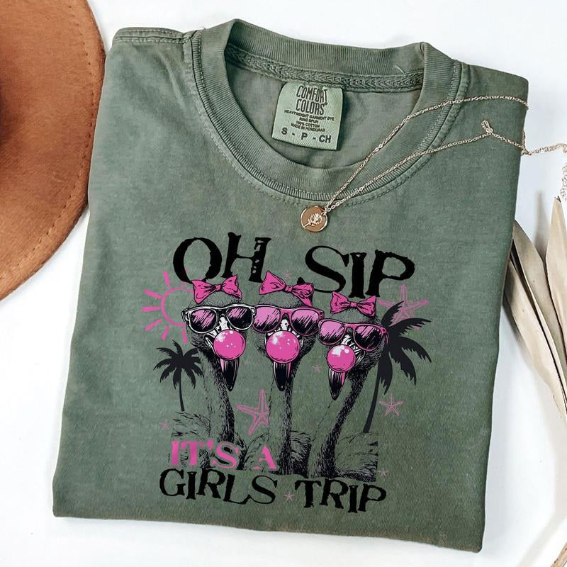 Comfort Colors Girls Trip Flamingo Blowing Bubble Shirt, Vintage Summer Shirt, Flamingo Tee, Unisex T-Shirt