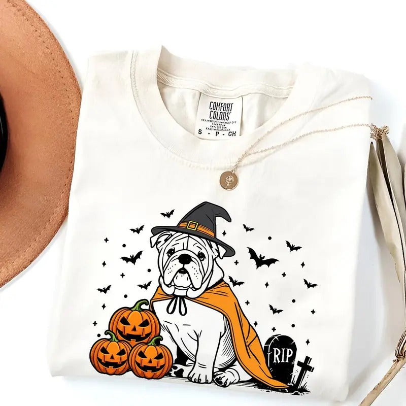 Comfort Colors Halloween Bulldog Shirt | Spooky English Bulldog Witch T-Shirt | Pumpkin Bulldog Tee | Funny Halloween Dog Lover Gift | Fall Bulldog Shirt