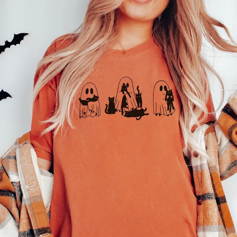 Comfort Colors Halloween Ghost Cat Shirt, Ghost and Black Cat Shirt , Funny Ghost Cat Shirt, Spooky Season Shirt
