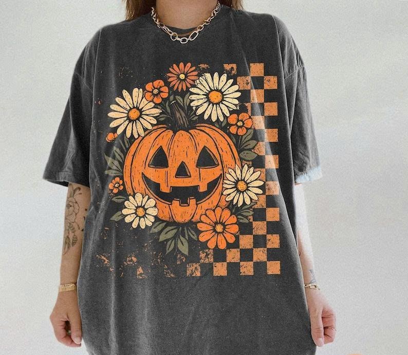 Comfort Colors Retro Floral Pumpkin Tee, Funny Halloween T-Shirt, Preppy Spooky Season Top, Trendy Checkered Fall Graphic, 90skid Nostalgia Goosebumps Halloween Shirt