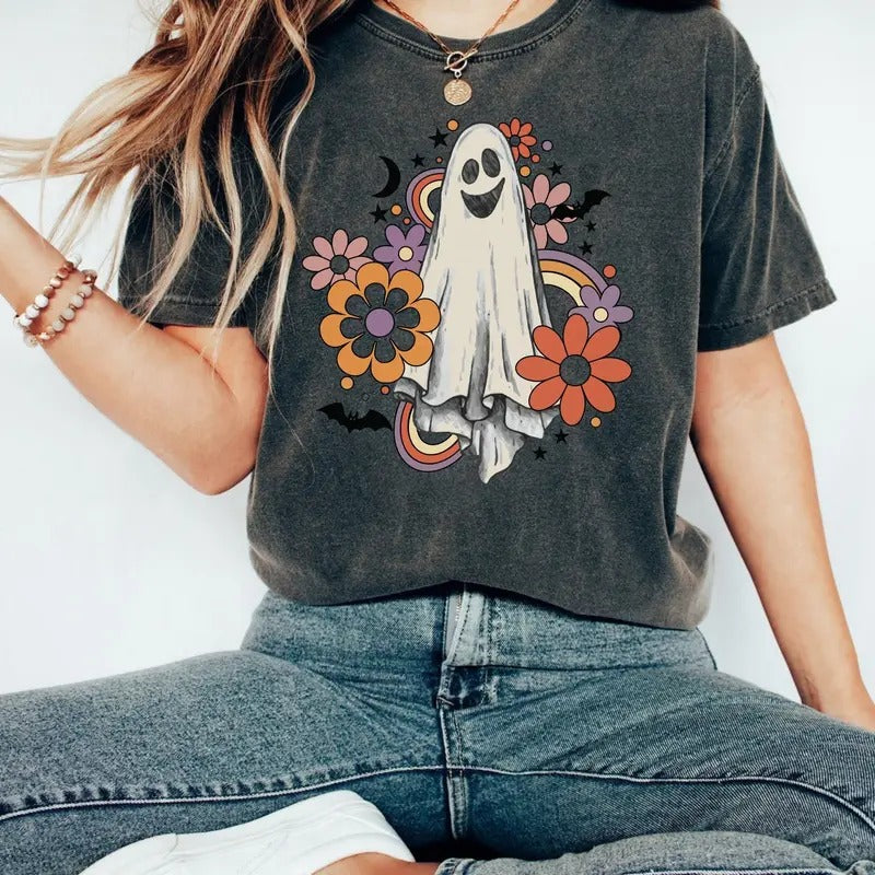 Comfort Colors Retro Halloween t-shirt, Vintage Floral Ghost Halloween Shirt, Retro Fall Shirt, Vintage Ghost Shirt, Spooky Season tee