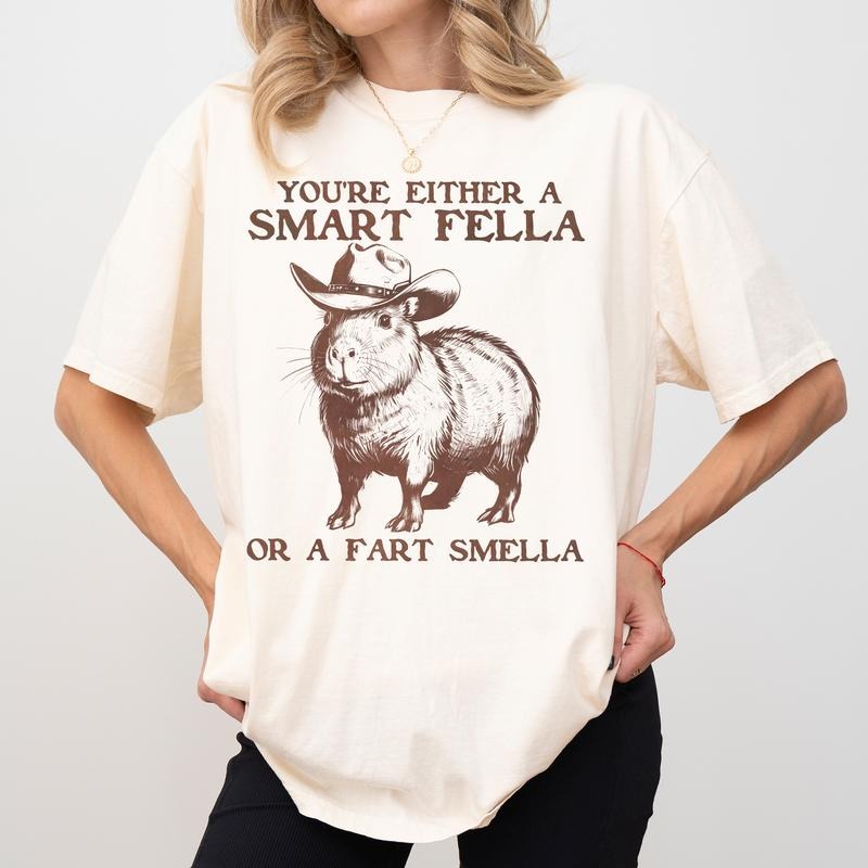 Comfort Colors Smart Fella Capybara Shirt, Funny Cowboy Capybara Tshirt, Western Rodeo Fart Smella Meme Tee, Retro Y2k Tops, Vintage 90s Womenswear