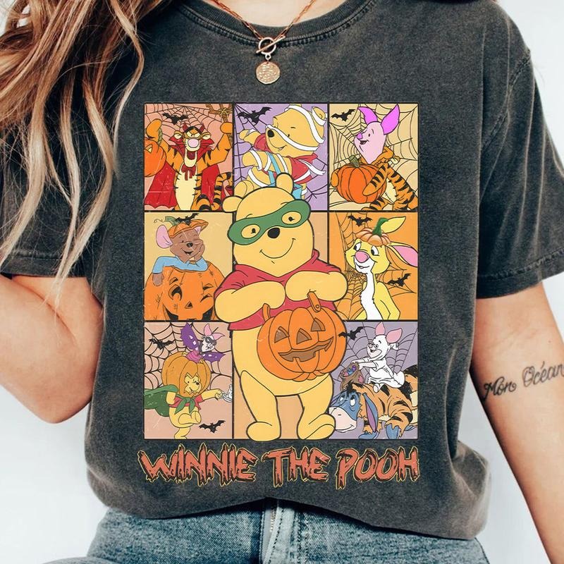 Comfort Colors Vintage Pooh Friends Costume Skeleton In Pumpkin Shirt, Pooh Halloween Shirt
