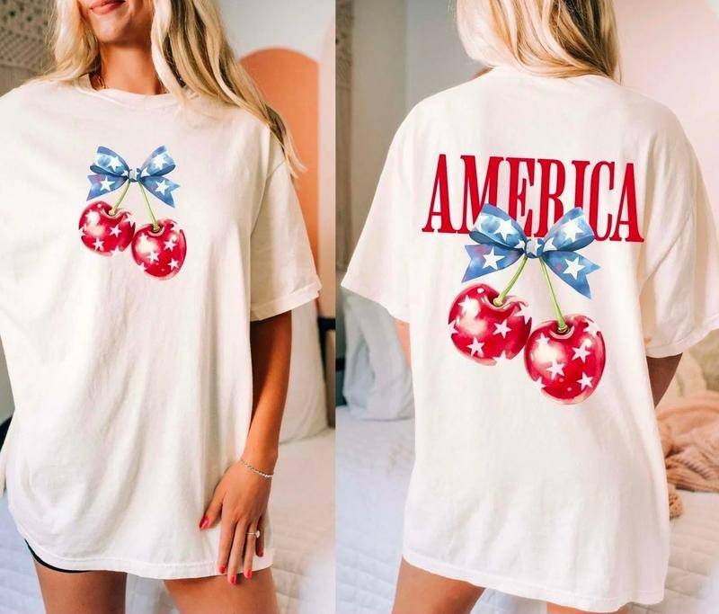 Coquette 4th of July Shirt, Cherries American Flag Sweatshirt, Girly Fourth Of July Shirt, Memorial Day Sweater, Independence Day Shirt