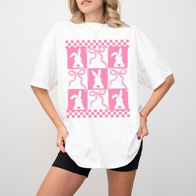 Coquette Bow Easter Shirt, Retro Bunny Graphic Tee, Pink Checkerboard Spring Sweatshirt for Women, Cute Easter Outfit