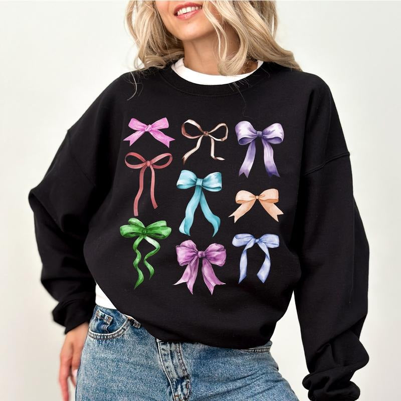 Coquette Bows Sweatshirt, Pastel Bows Vintage Sweater, Girly Apparel, Cottagecore Aesthetic Bows Crewneck, Coquette Ribbons Long Sleeve Pullover, Retro Ribbons Sweatshirt, Birthday's Gift, Women's Top, Womenswear, Soft Cozy Fabric Sweatshirt