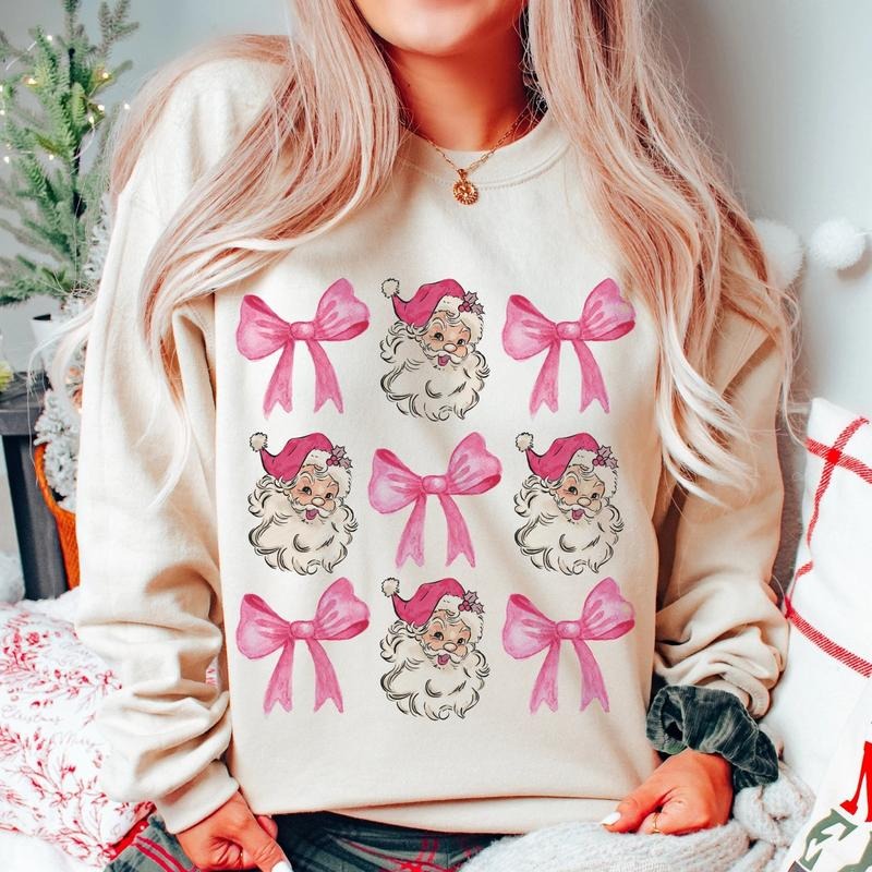 Coquette Christmas Shirt, Pink Bow Christmas Shirt, Pink Santa Sweatshirt, Christmas , Vintage Christmas Cotton Crewneck