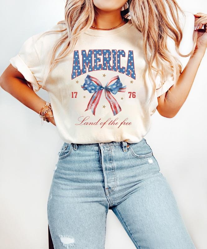 Coquette USA Bow Shirt, Summer BBQ Shirt, American Land of The Free, Red White and Blue, Womens Fourth Of July Shirt, USA 4th of July Shirt