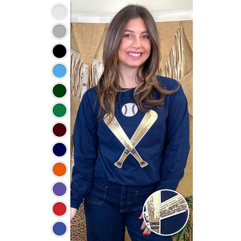 Crossed Bats Sequin Baseball Graphic  Long Sleeve T-Shirt