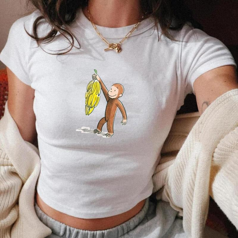 Curious George Banana Holder Baby Tee, Funny Monkey Graphic Tee, Y2k, 90s Clothing, Pinterest Aesthetic