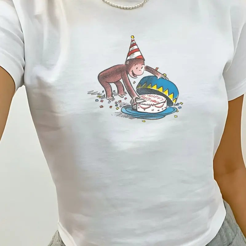 Curious George Birthday Cake Baby Tee, Birthday Girl , Retro Graphic Tee, Y2k, 90s Clothing, Pinterest Aesthetic, 100% Cotton Graphic Tee