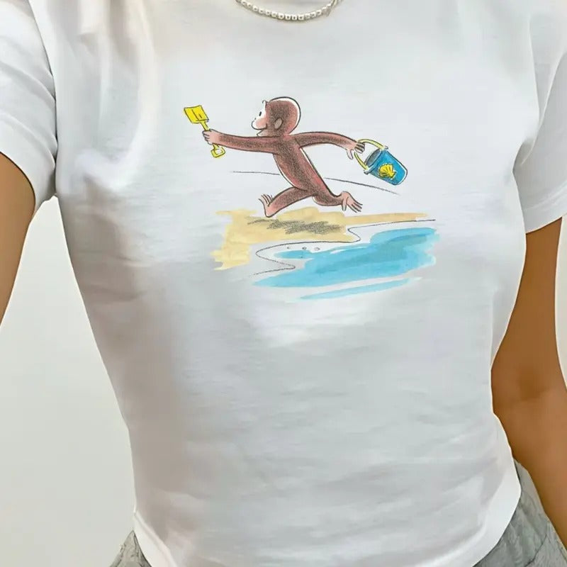 Curious George Cute Beach Baby Tee, Coastal Girl, Tropical Summer Graphic Tee, Y2k, 90s Clothing, 100% Cotton Graphic Tee