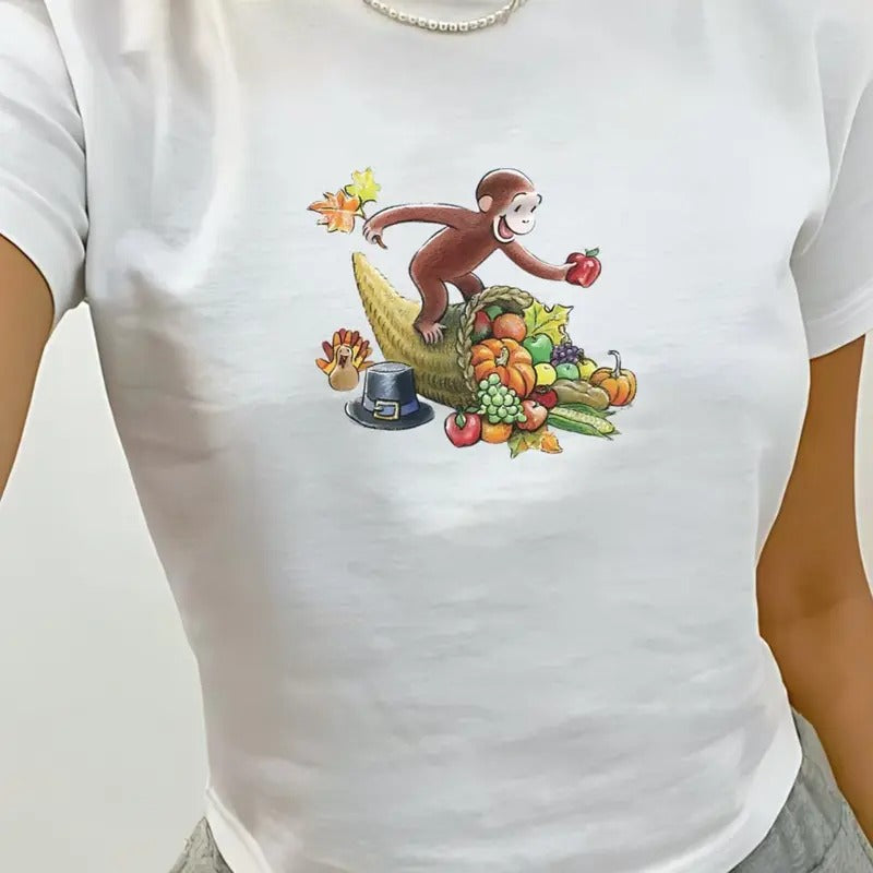 Curious George Cute Fall Baby Tee, Thanksgiving Fruits, Retro Graphic Tee, Y2k, 90s Clothing, Pinterest Aesthetic, 100% Cotton Graphic Tee