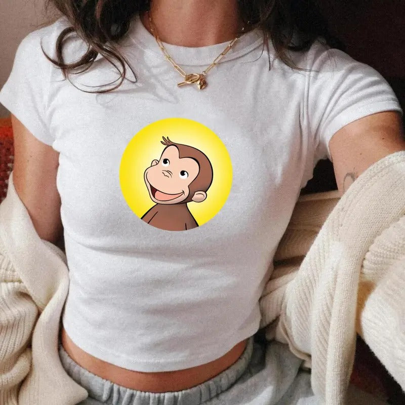 Curious George Emblem Baby Tee, Favorite Stories, Vintage Y2K Cartoons, Comics, Soft Girl, Nostalgia, 100% Cotton Graphic Tee